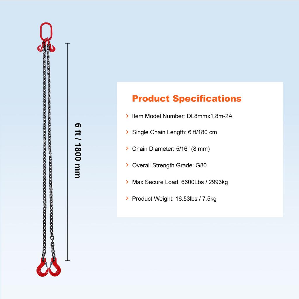 SucceBuy 3T Chain Sling 6ft 8mm/10mm Heavy Duty Lifting Chains with 2 Leg Grab Hooks G80 for Engine Manual Hoist Lifting Tool