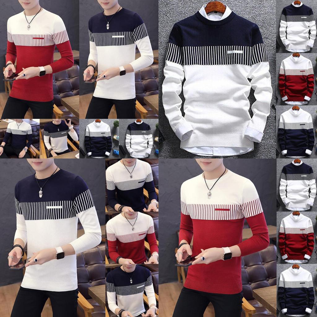 Men's Casual Round Neck Striped Knitwear Jumper With Slim Fit Design