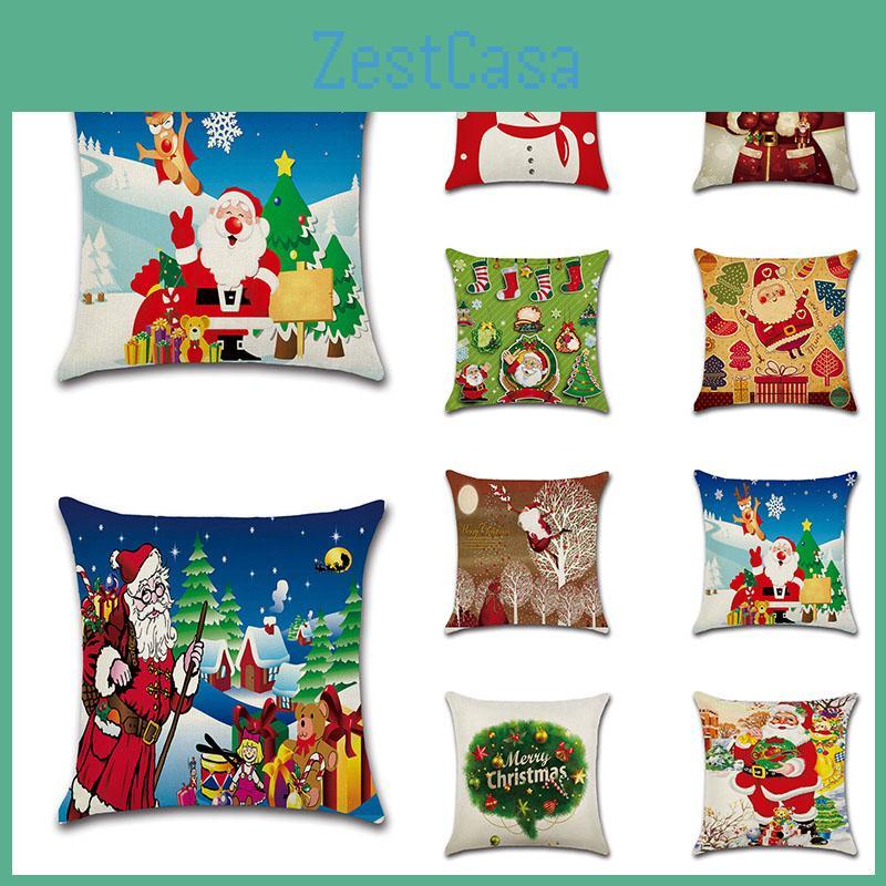Charming Happy Christmas Linen Sofa Cushion Cover Vibrant Holiday Decoration