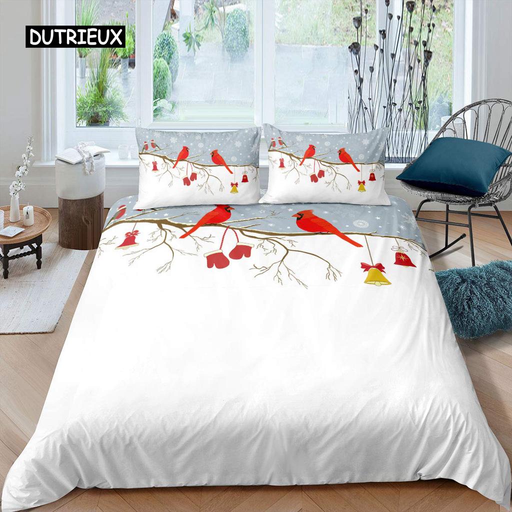 Kardinal Bettbezug Set Roter Vogel Bettwäsche Set für Kind Jugendliche Kiefer Baum Bettdeckenbezug Tier Schnee King Size Weicher Steppdeckenbezug