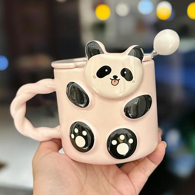 Cute Relief Ceramic Panda Mug With Lid Spoon Three-Dimensional Cartoon Animal Household Water Cup Small Fresh Souvenir