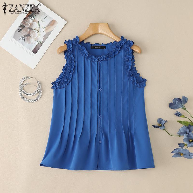 

Жіночі повсякденні однотонні безрукавки з круглим вирізом ZANZEA S синій