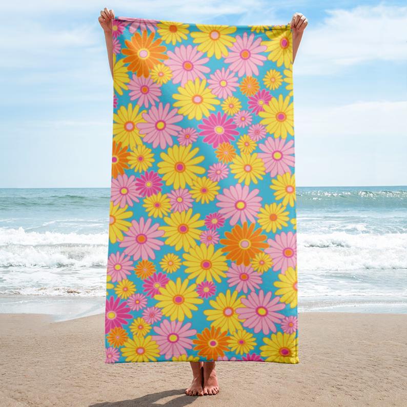 Asciugamano da Spiaggia Retrò Anni '70 con Stampa Margherita, Motivo Floreale Boho, Asciugatura Rapida, Morbido, Assorbente, Senza Sabbia, per Vacanze Estive in Spiaggia