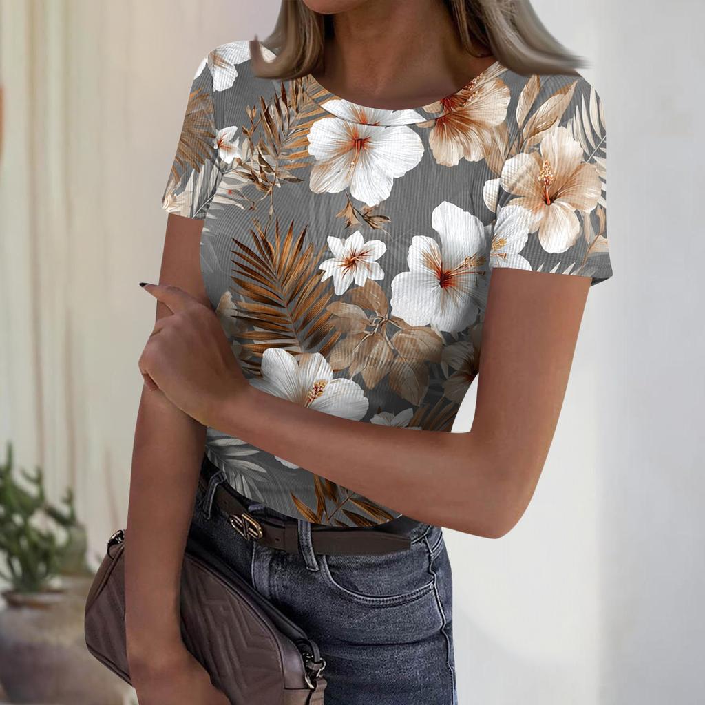 Women's Casual Fashion Round Neck Hawaiian Print Short Sleeve Ribbed Top