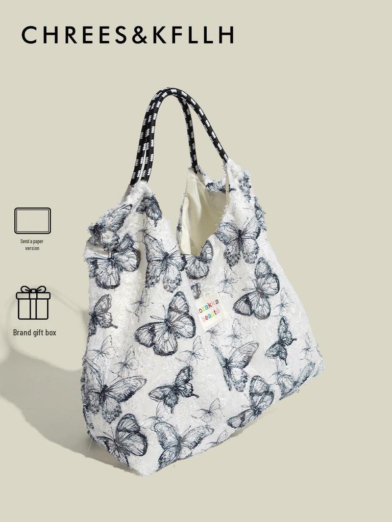 Geantă de pânză elegantă cu fluture din dantelă Mao Yun - Geantă de mână mare pentru femei Primăvară/Vară