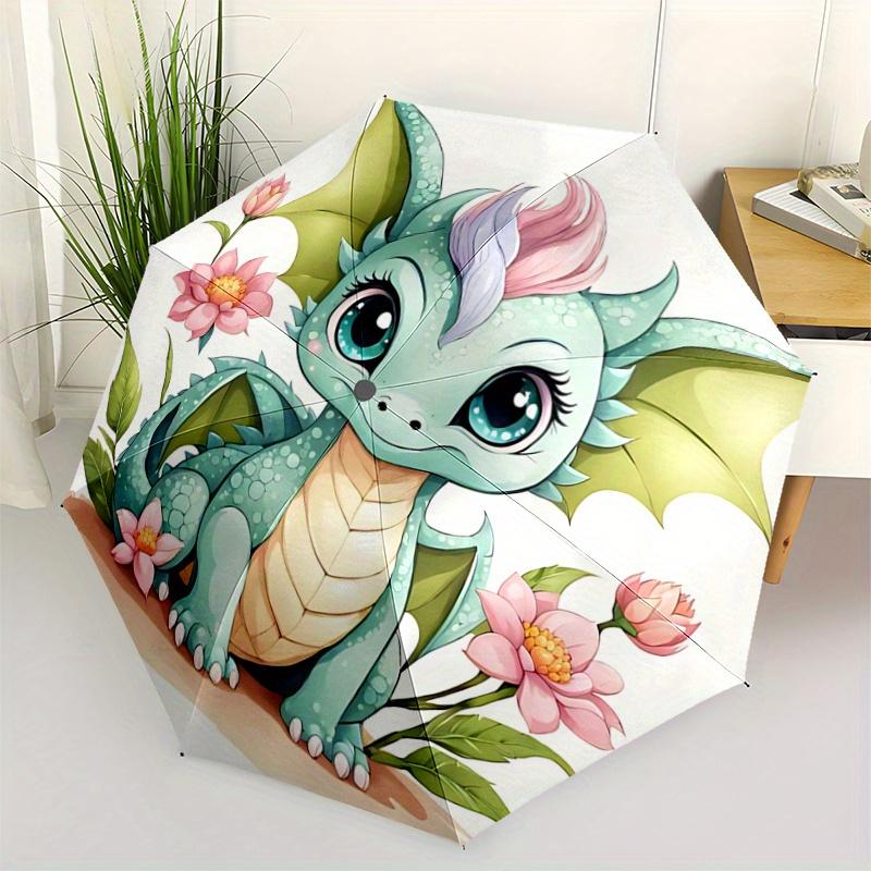 

1pc Green Cute Dragon Pattern Automatic 3-Fold Umbrella, 8 Iron Frames, High-Value Folding Umbrella, Suitable for Office, Travel and Outdoor Adve