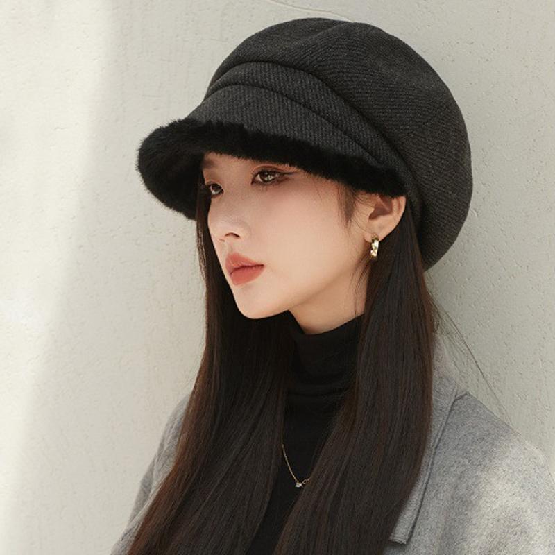 Thick Plush Octagonal Hat Women's British Solid Color Painter Hat Autumn Winter Newsboy Hat