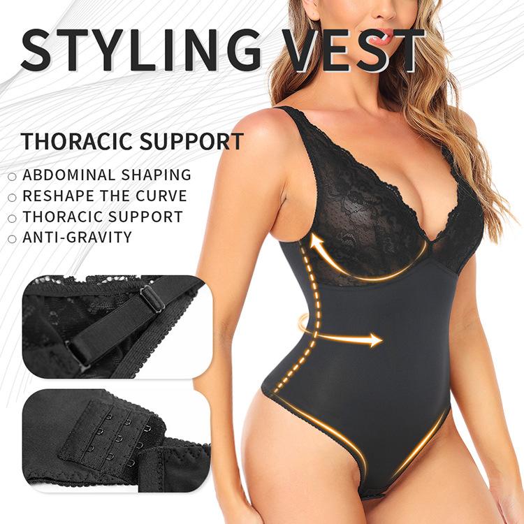 Lace Thong Bodysuit Shapewear, One Piece Spaghetti Strap Tummy Control Slimming Body Shaper