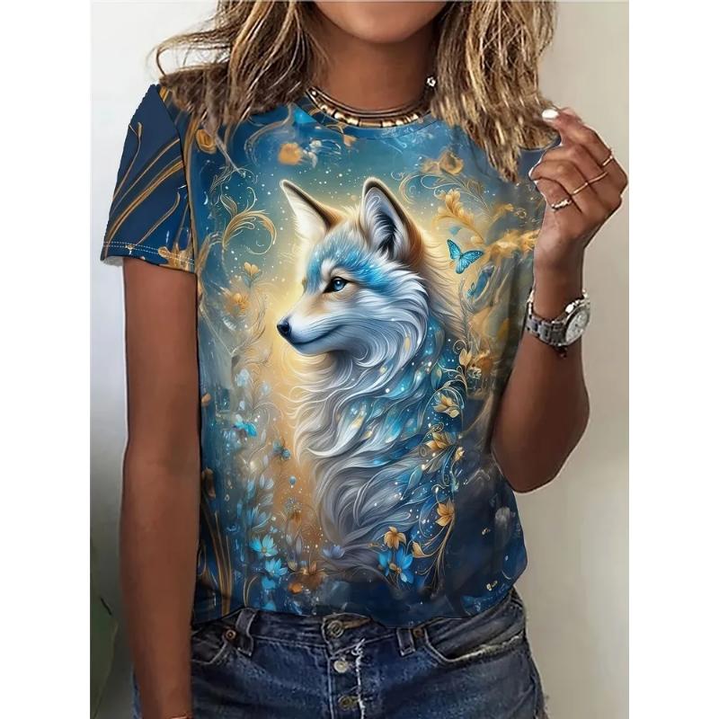 Moda Donna Girocollo Manica Corta Stampa Animale Colorata 3D T-shirt Manica Corta Girocollo con Animali