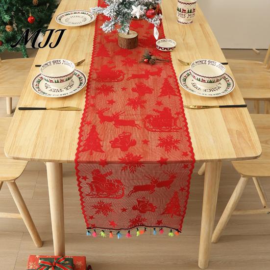 Holiday Table Runner Christmas Lace with Tassels, Sheer Embroidery Snowflake Sleigh Xmas Tablecloth, Cover for Parties Dining Room Decor Entryway