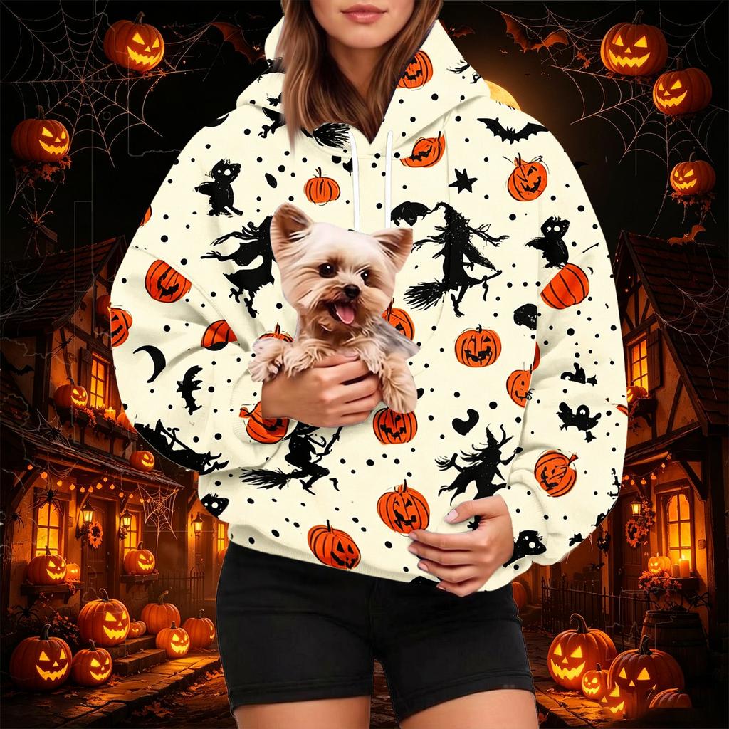 Dámská módní mikina s kapucí a potiskem na Halloween s kapsou na mazlíčka, ležérní mikina