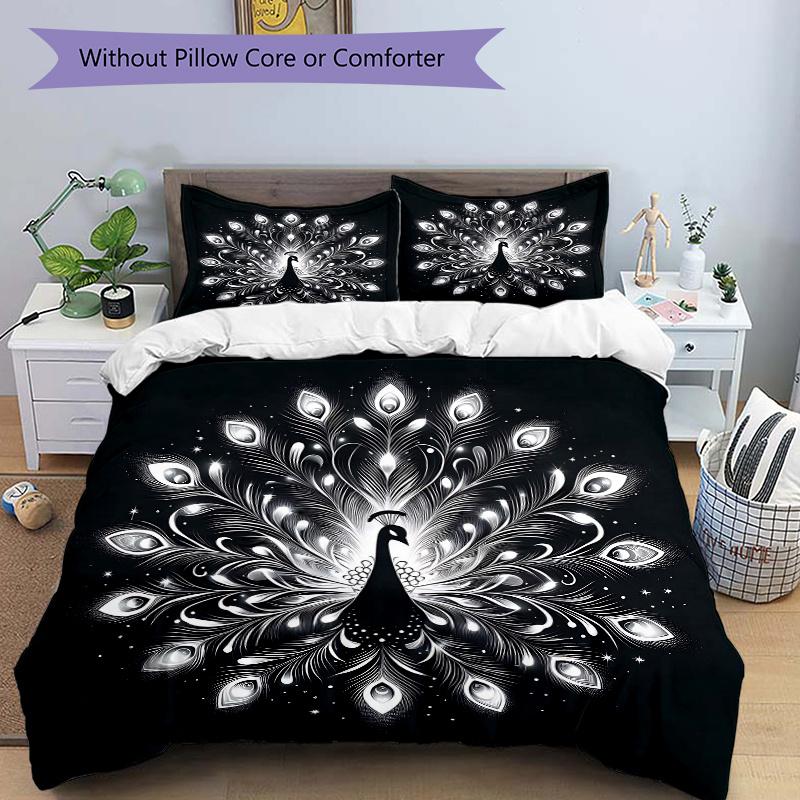 3pcs Radiant Peacock Print Bedding Set (1 Cover + 2 Pillowcases, Without Inserts), This Printed Bedding Set is Soft and Comfortable, Suitabl 135cm*200cm