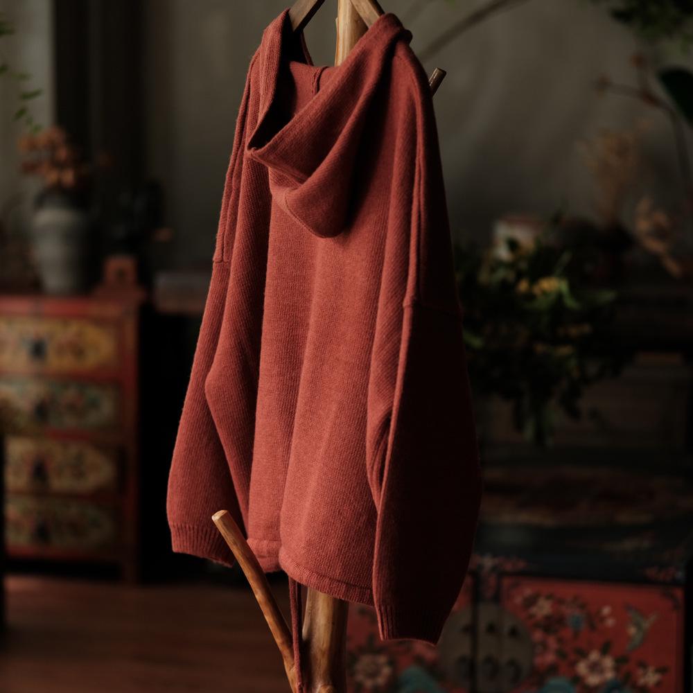 Vintage Wool V-neck Hooded Sweater in Orange