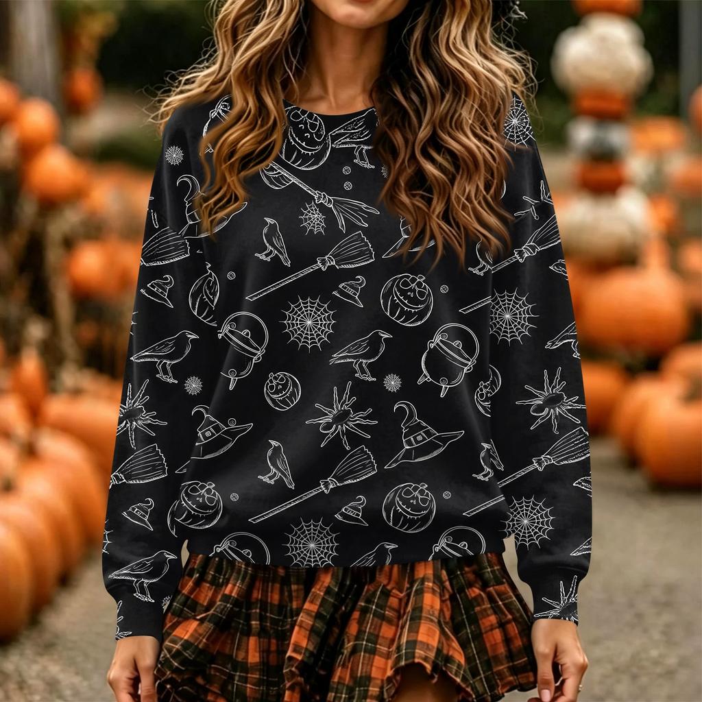 Women's Halloween Print Neck Pullover Sweatshirt, Long Sleeve Casual Fashion Top
