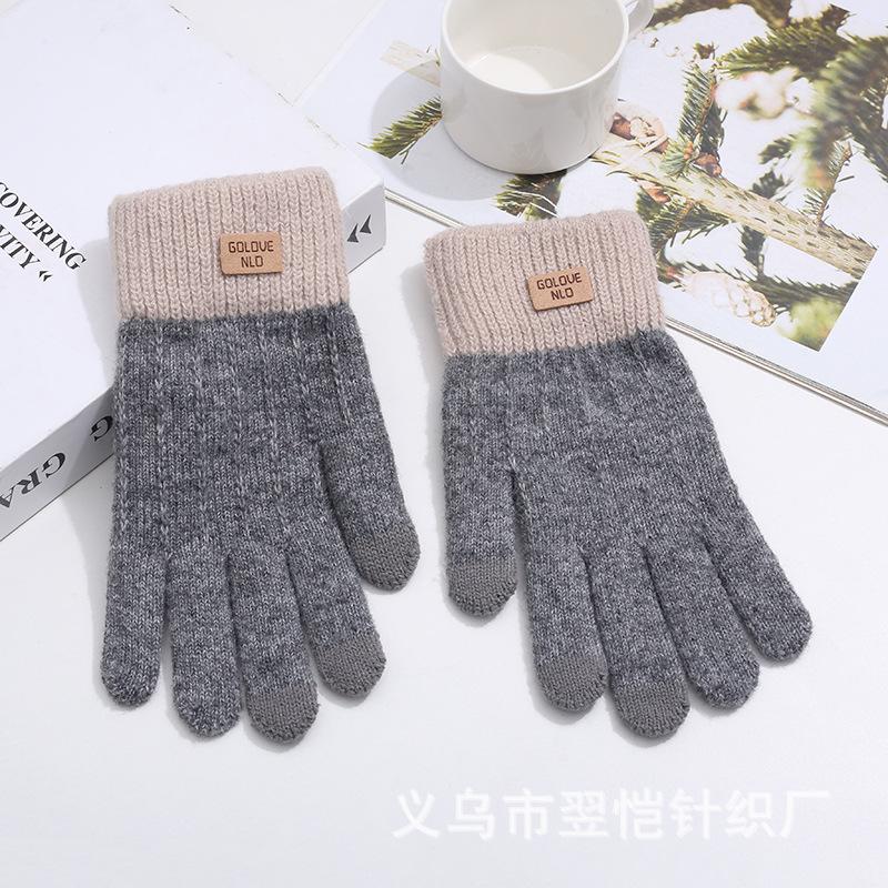 Fleece thickened warm and cold-proof five-finger gloves, riding fleece students winter windproof jacquard knitted gloves