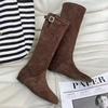 Height Increasing Western Cowboy Boots for Women Suede Knee-High Black Long Boots Vintage Style Chunky Heel Footwear Botas Mujer