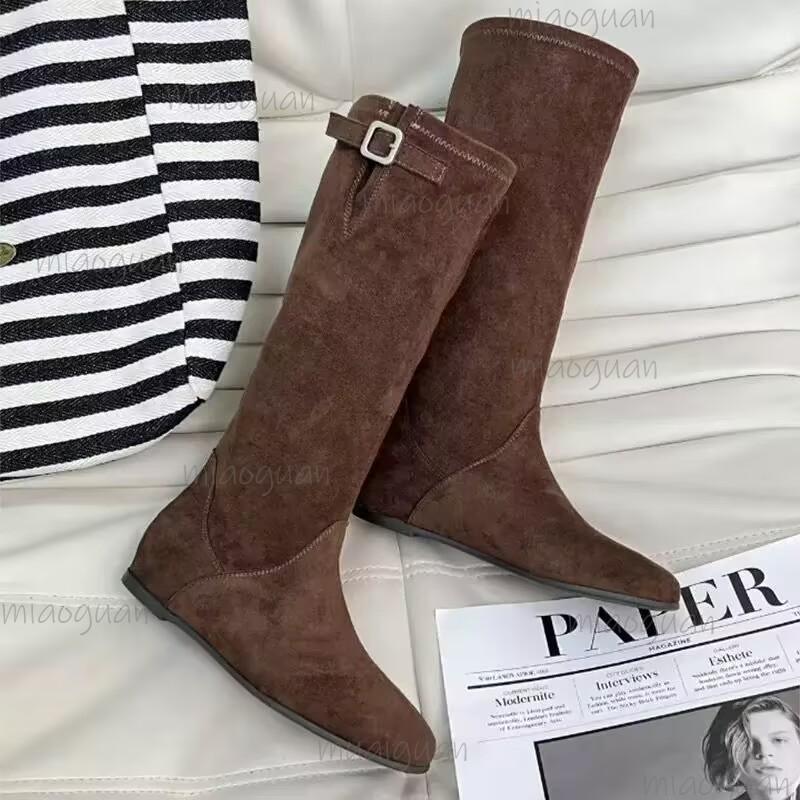Height Increasing Western Cowboy Boots for Women Suede Knee-High Black Long Boots Vintage Style Chunky Heel Footwear Botas Mujer