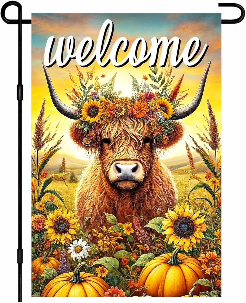 Fall Highland Cow Garden ag 12x18 Inch Welcome oral ag Sunower Small Yard ags Fall Country Farm Outdoor Banner Fro EEL