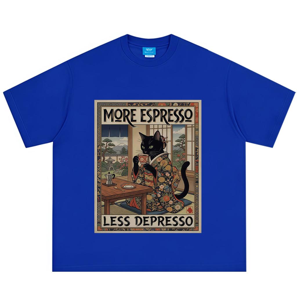 More Espresso Less Depresso Japanese Funny Cat Meme Tshirt Unisex Unisex Vintage Fashion Tshirt Summer Loose Casual Cotton Tshirts