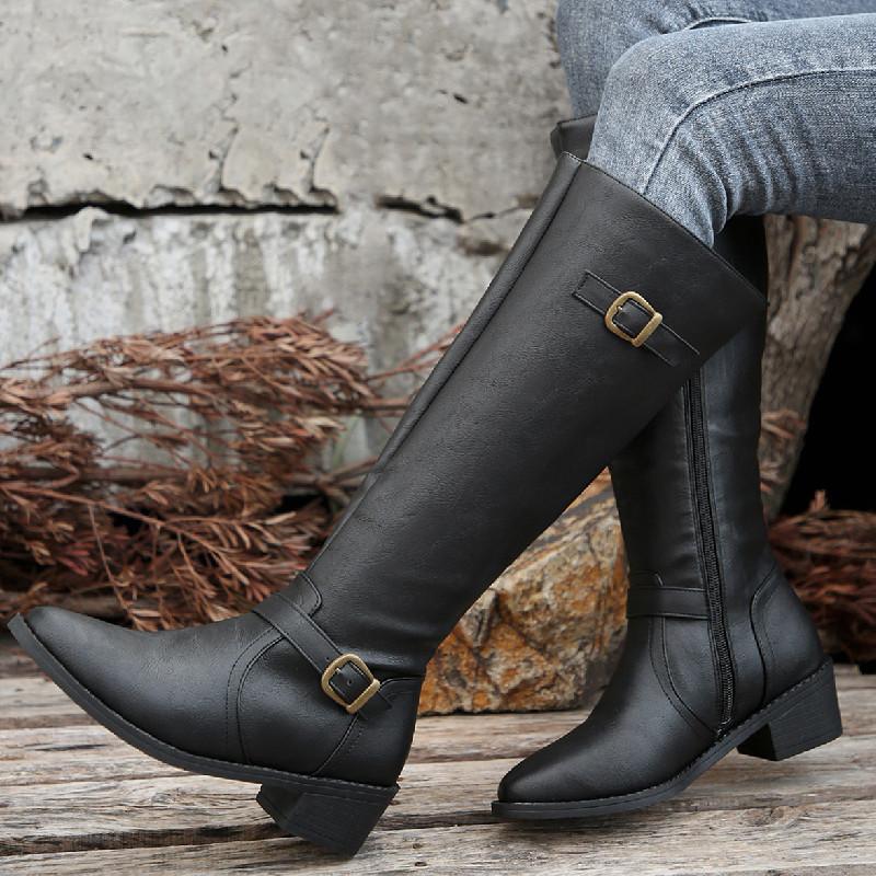 Women's Tall Square Buckle Boots, Chunky Heel Zipper Leather Boots, Plus Size Fall Winter Shoes