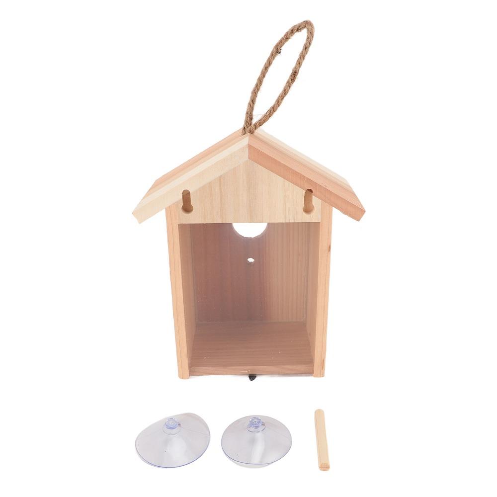 1pcs See Through Design Wooden Birdhouse Suction Cup Mount Transparent Bird House Outdoor Decor
