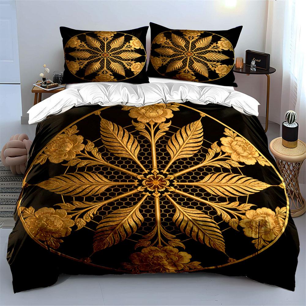 Golden Floral Decorative Three-Piece Soft Comfortable Duvet Cover Bedding Set Included 1*Duvet Cover & 2*Pillowcases, Gift