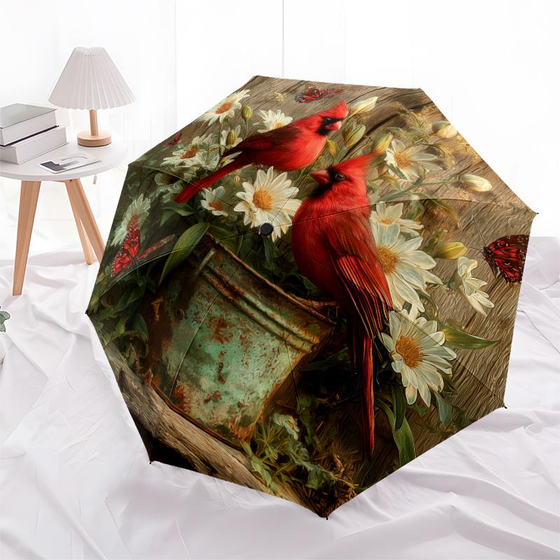 Flower Bird  Pattern, Automatic Folding Umbrella, Portable and Foldable Design, 8 Ribs, a Christmas or Birthday Gift.