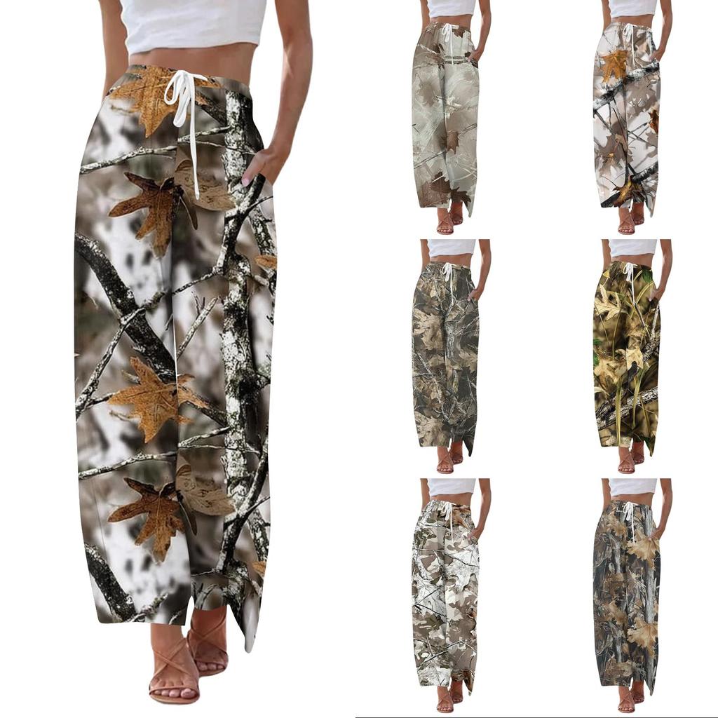 Women’s Wide Leg Drawstring Waist Pants Loose Fit Camouflage Print High Waist Casual Trousers with Pockets for Daily Wear