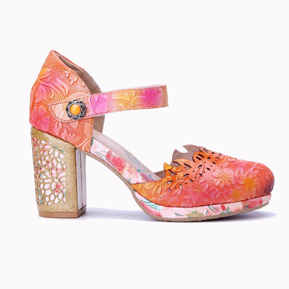 Johnature Genuine Leather Printed High Heels Sheepskin Handmade Retro Colored Women's Sandals