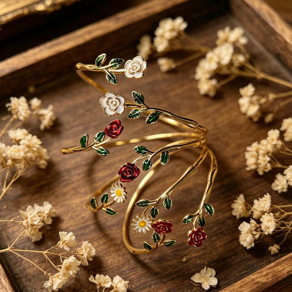 Retro 3D Rose Daisy Camellia Bracelet Set: Women's Enamel Openable Bangle – Elegant Cross-border Style