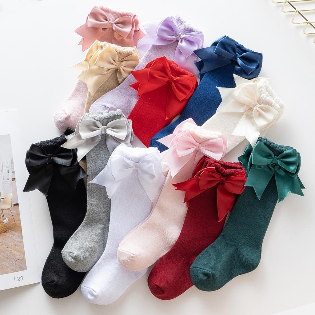 Infant Baby Girls Cute Bow Knee High Socks Cotton Baby Toddler Bowknot Solid Color Socks Kid Breathable Sock 0-2Y