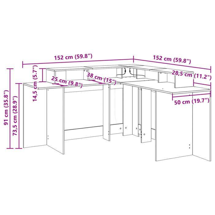VidaXL Bureau avec lumières LED chêne sonoma bois d'ingénierie, bureau d'ordinateur, bureau d'écriture, meuble de bureau à 3309458