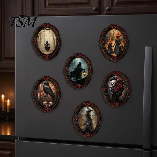 Vintage Halloween Theme Home Ornaments Magnetic Fridge Magnet, Ghost Witch Photo Frame, Wooden Refrigerator Magnets Frame Decoration, Atmospheric Dark