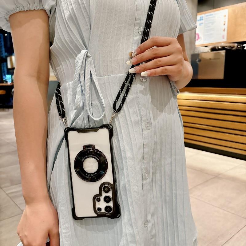 Four Corner Strap Case For Samsung Galaxy S24 Ultra S26 S22 S25 FE S23 Plus A17 Magnetic Magsafe Stand Crossbody Lanyard Cover