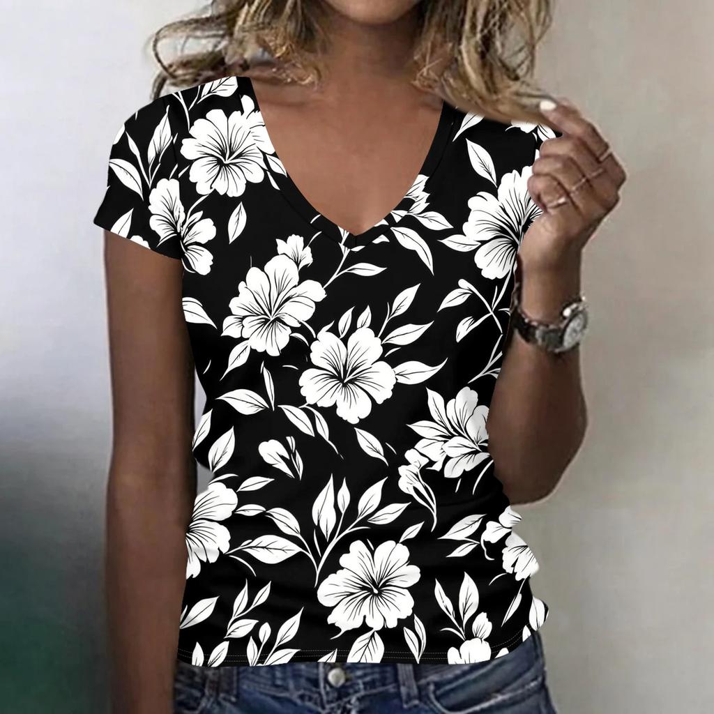 Women V Neck Short Sleeve Floral Print T Shirt Casual Loose Fit Lightweight Soft Fabric Summer Top for Daily Wear
