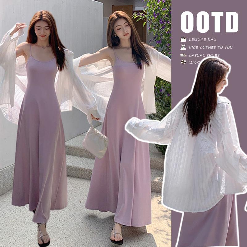 2026 Summer Korean Spaghetti Strap Dress & Sun Protection Shirt Set