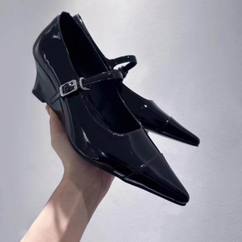 Women's Slope Heel Single Shoes Autumn New Pointed Head Shallow Mouth Word with Anti-slip Wear-resistant Mary Jane Shoes