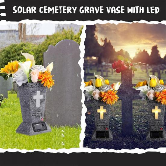 Solar Cemetery Vase with LED for Gravestone Outdoor Artificial Fresh Flower Holder Headstone