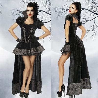 Black Queen Cosplay Costumes Adult Stand Collar Black Swallowtail Fancy Party Dress Women Halloween Witch Queen Apparel Crown+top+skirt+hem
