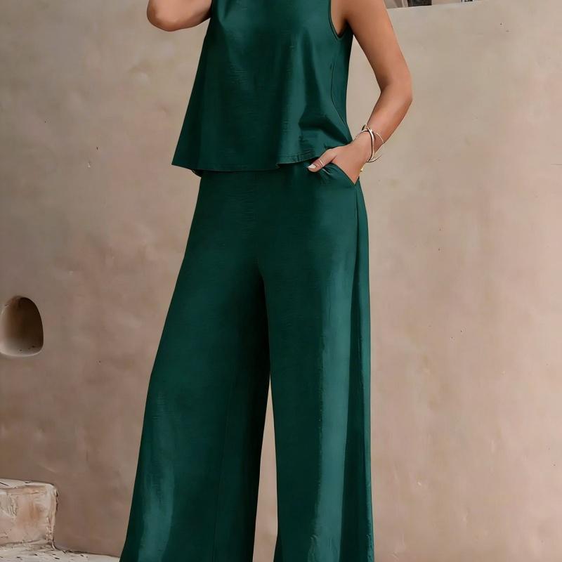 New Women's Sleeveless Vest And Trousers Two Piece Set Fashion Solid Color Two Piece Round Neck Top Pants Suit Casual Set