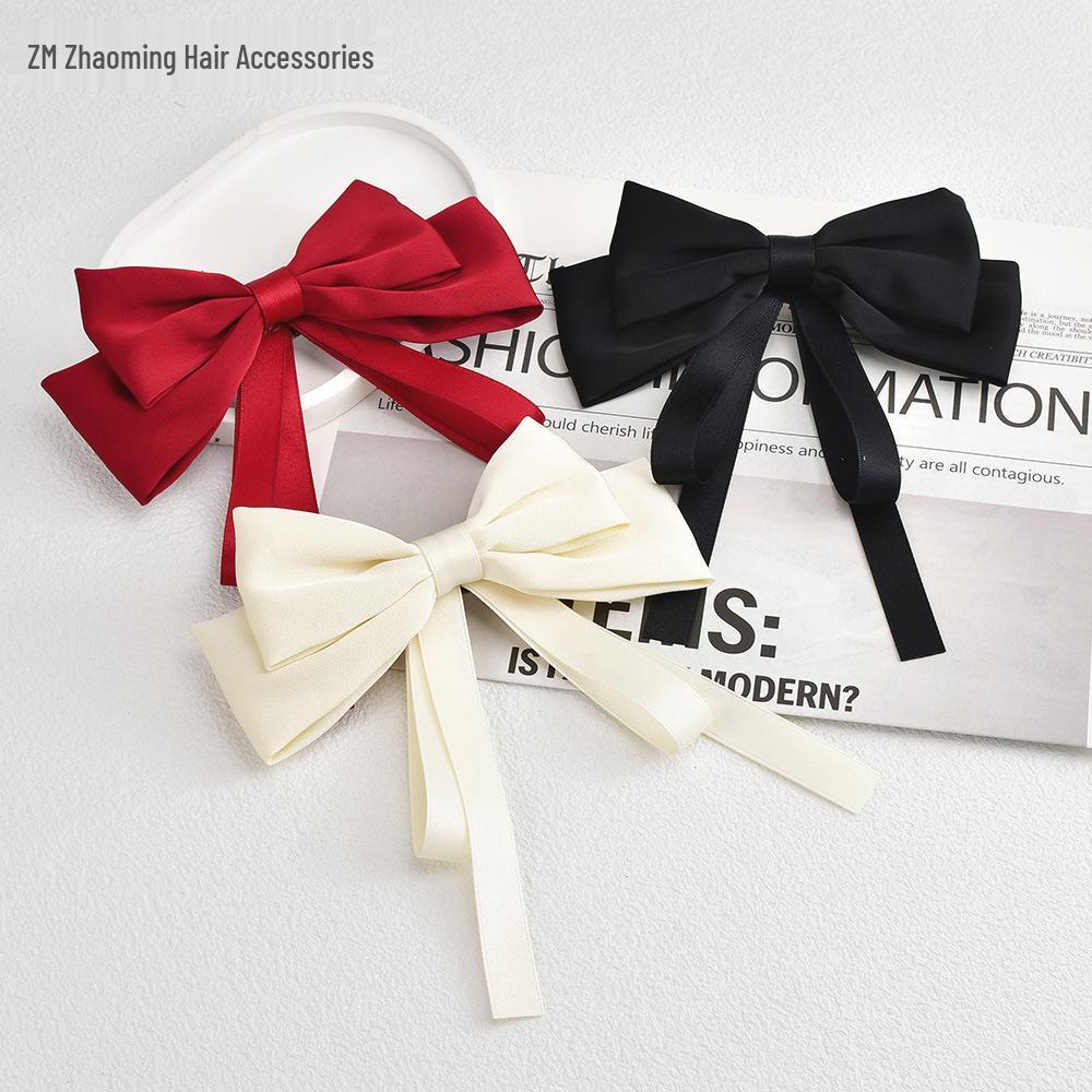 

Korean Satin Ribbon Spring Clip Bow Hairpin - Red, Multi-layered Accessory for Women