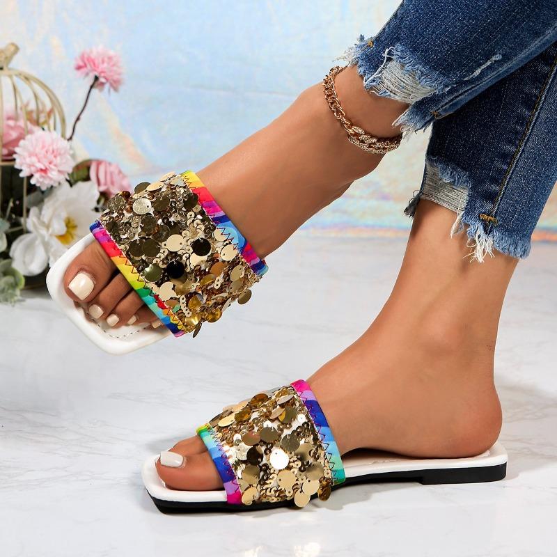 Flat-bottomed sequined cool slippers women's summer new square head wear large size 44 one-word slippers