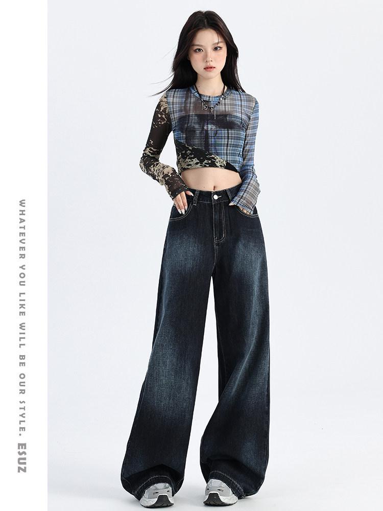 

Women s Deep Blue Gradient Wide-Leg High-Waisted Jeans - Autumn/Winter Relaxed American Style Floor-Length Pants 3XL [144-161 lbs]