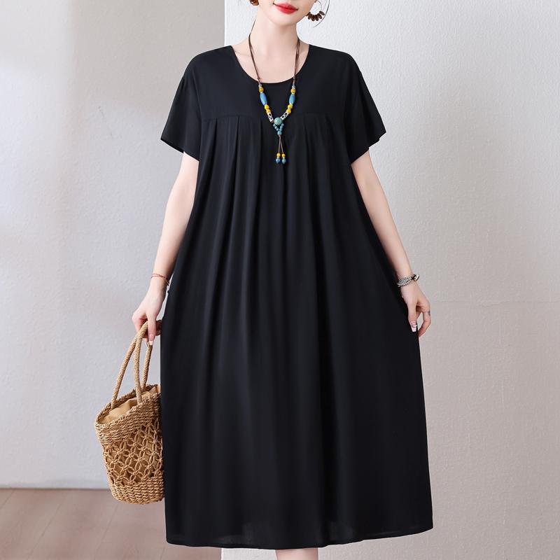 Plus Size Loose Vintage Print Langes Kleid für Damen Lässige Kurzarm-Sommer-Damenkleider