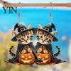 Striped Kitten Earrings 1 Pair Halloween Witch Cat for Women, Acrylic Cute Jewelry Dangle Drop with Pumpkin, Party Costume Accessories Fantasy Themed