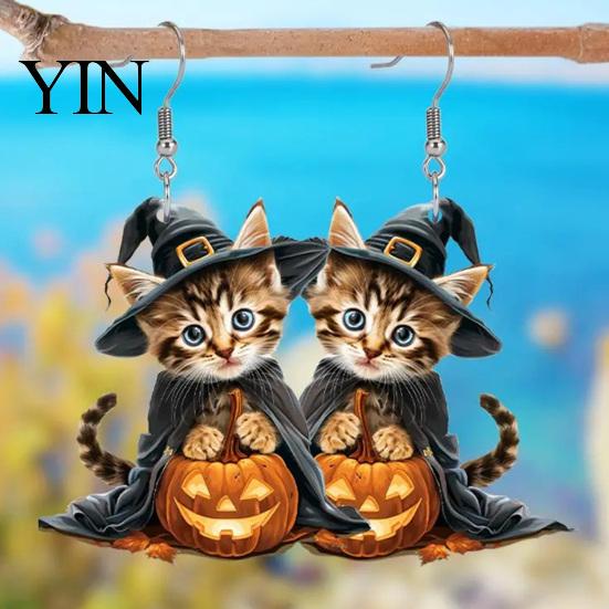 Striped Kitten Earrings 1 Pair Halloween Witch Cat for Women, Acrylic Cute Jewelry Dangle Drop with Pumpkin, Party Costume Accessories Fantasy Themed