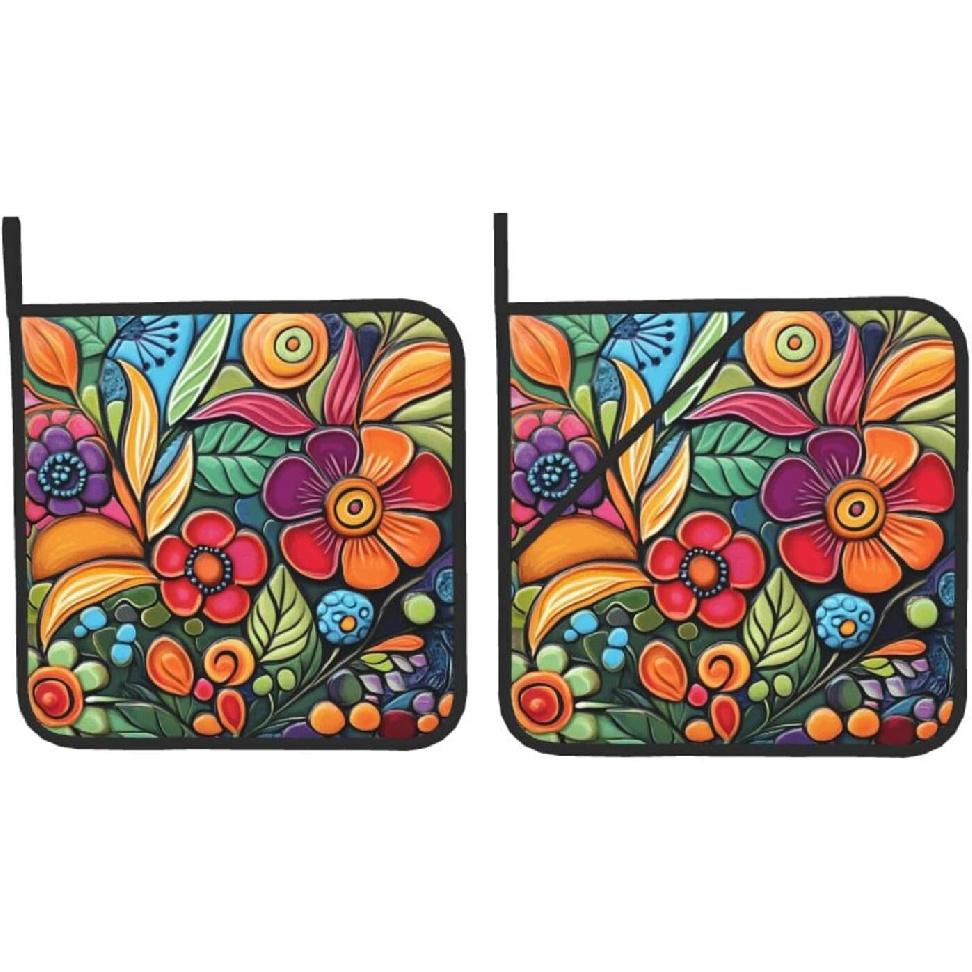 Colorful Boho Florals Pot Holders Set of 2 Kitchen Decorative Heat Resistant Potholder Cotton Lining Oven Hot Pads for Cooking Baking Microwave Oven