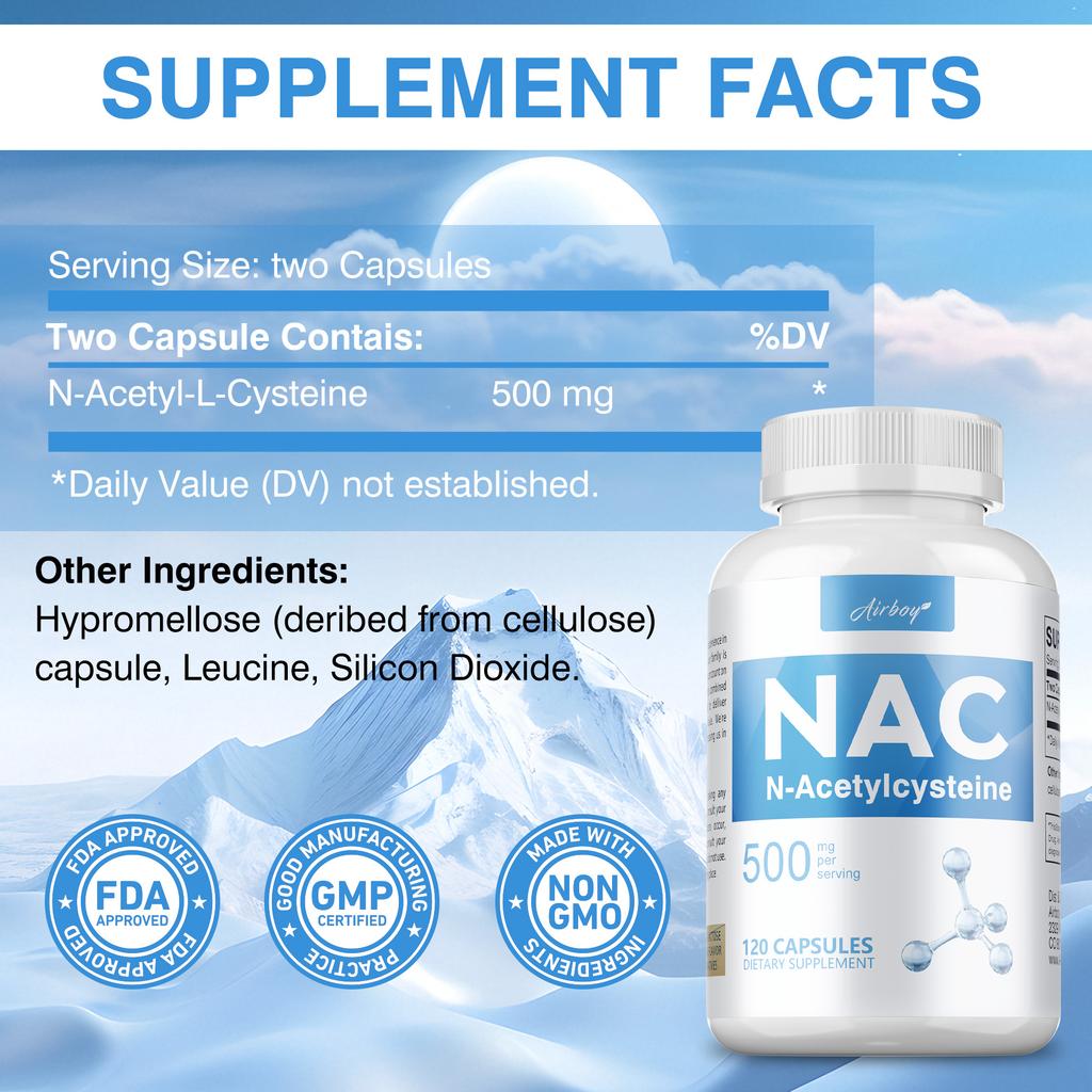 Airboy NAC Supplement, 500mg, sulfur-containing amino acid extract, immune health support.