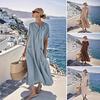 Women Summer Long Dress Tie Neck Short Sleeve Flowy Beach Sundress Casual Loose Vacation Long Dress with Pockets