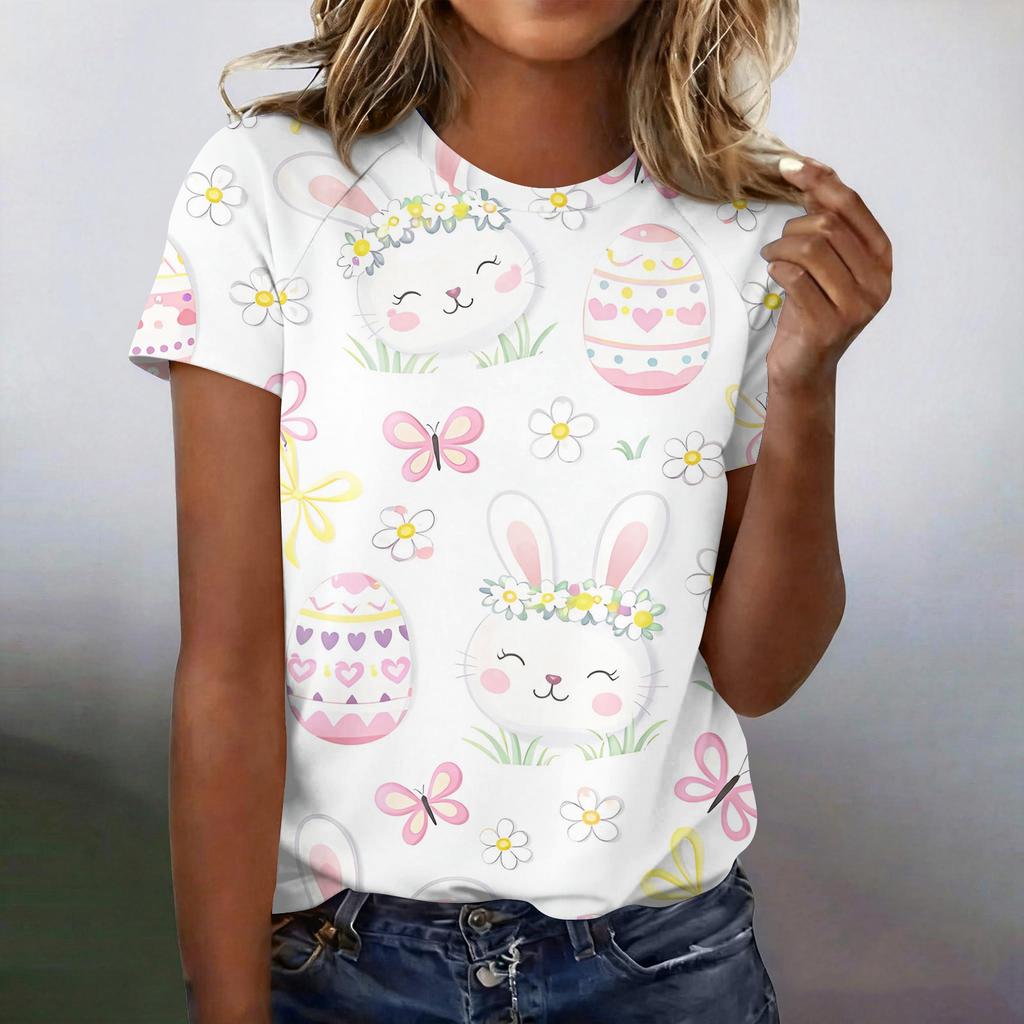 Women's Fashionable Casual Short-Sleeved Raglan Sleeve Easter Print T-Shirt Top